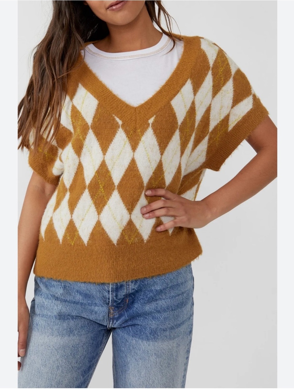 Free People Argyle V-Neck Short Sleeve Sweater - Camel & White